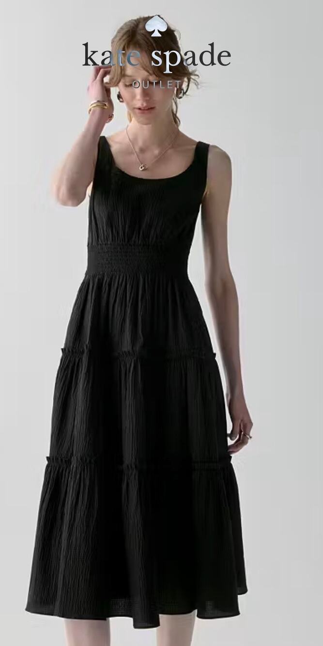 Kate Spade Mixed Media Midi Dress Women Size 4‎ Black NWT Tiered Smocked KM113